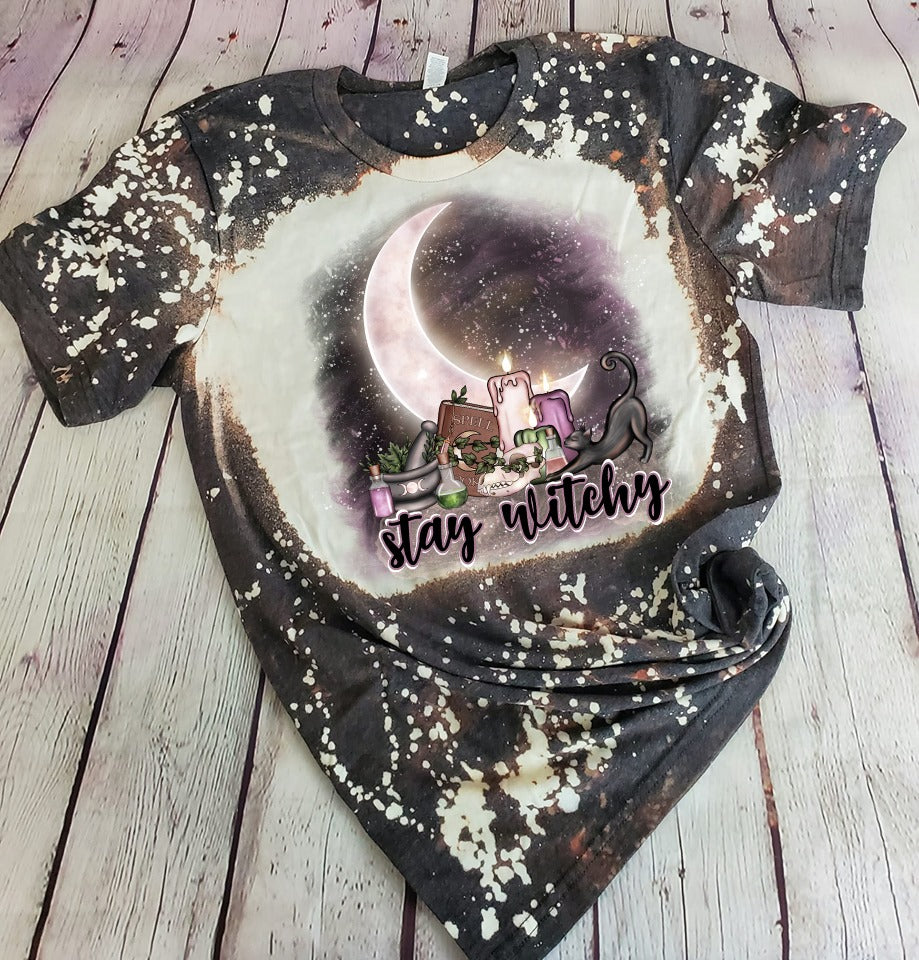 Stay Witchy Bleached Tee Cute and Fun Custom Print T-shirts - Arrow Trend Leggings