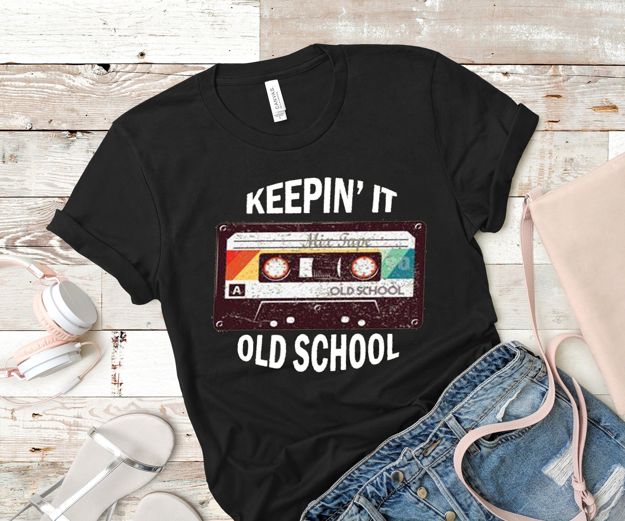 Keeping It Old School Cassette T-Shirt Cute and Fun Custom Print Tee's - Arrow Trend Leggings