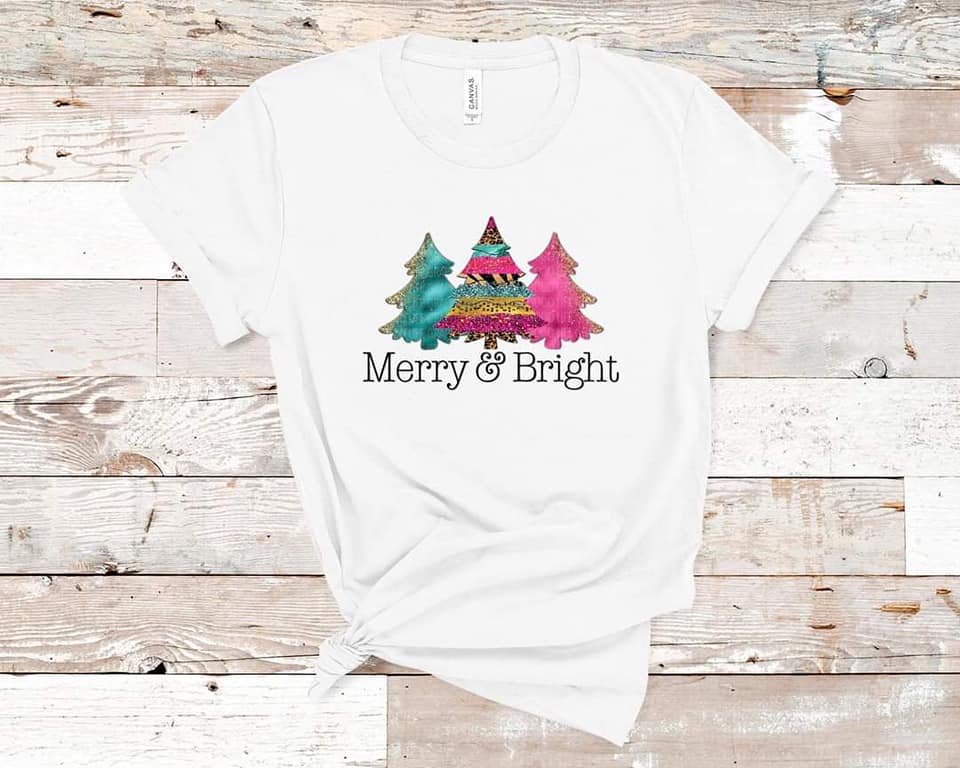 Merry & Bright Pastel Trees Christmas T-Shirt (Made to Order)